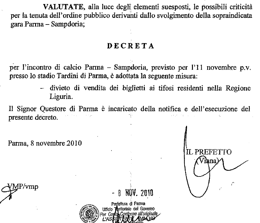 La decisione del Prefetto di Parma