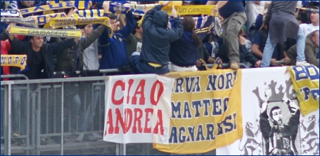 Striscione BOYS PARMA 1977 a Piacenza (01-11-2008): ''Ciao Andrea''