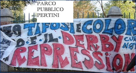 Striscione della Curva Nord di Pisa a Livorno (parco pubblico Pertini): ''Senza tifosi e colore questo  il derby della repressione''