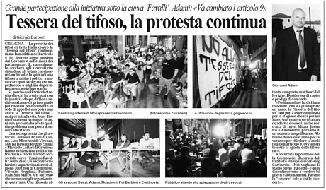 Articolo del 22 luglio 2009 di Giorgio Barbieri: ''Tessera del tifoso, la protesta continua'' - espandibile a dimensioni maggiori