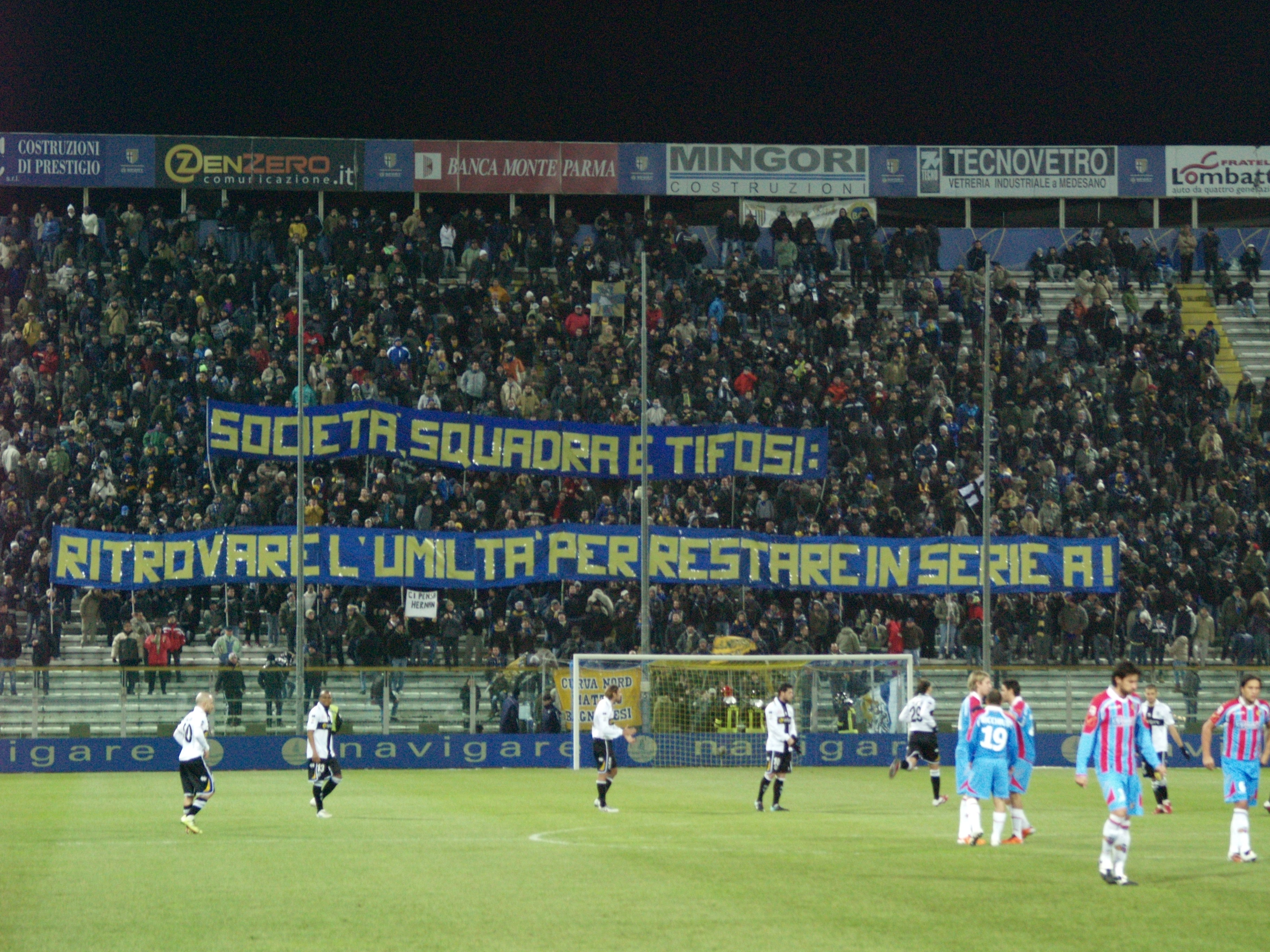 Parma-Catania: striscione in Curva Nord.