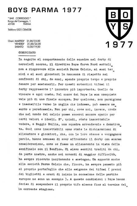 Comunicato post-derby Reggiana-PARMA del 06 aprile 1994, dei BOYS PARMA 1977. Documenti ultras