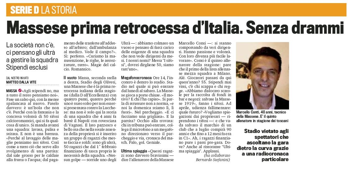 Articolo di Matteo Della Vite: ''Massese prima retrocessa d'Italia. Senza drammi''