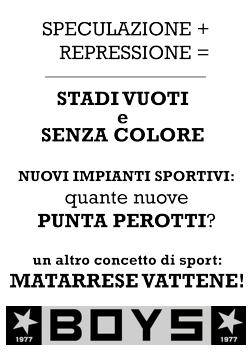 Volantino BOYS del 18-11-2008: ''Speculazione + Repressione = Stadi vuoti e senza colore. Nuovi impianti sportivi: quante nuove Punta Perotti? Un altro concetto di sport: Matarrese vattene - BOYS''